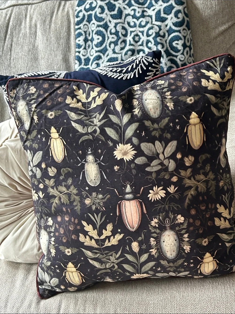 NEW! Shabby Chic Gothic Dark Floral Toile & Beetle Insect Accent Throw Pillow